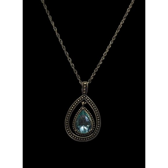 Whimsical Teardrop Blue Gemmed Gold Tone Pendant Necklace - Picture 5 of 7